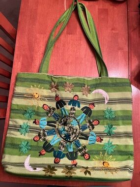 Handmade in Guatemala: Green Embroidered Tote Bag with Sun & Moon Motif